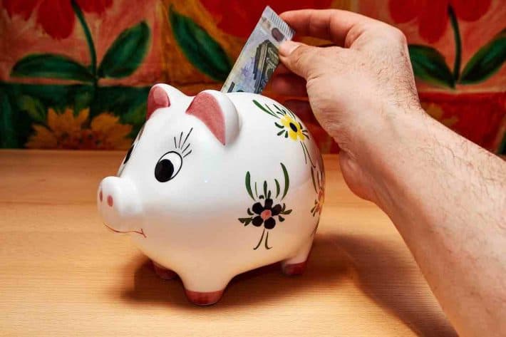 Comment protéger son épargne. Un cochon tirelire pour mettre des billets de banque.